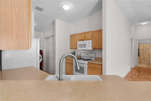 424 Rose Croft Ter, The Villages, FL 32162 - kitchen with white appliances, lofted ceiling, light countertops, a textured ceiling, and a sink