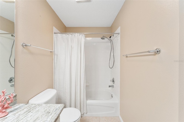 full bathroom with toilet, a textured ceiling, tile patterned floors, shower / bath combo, and vanity