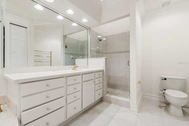 bathroom featuring vanity, ornamental molding, walk in shower, toilet, and tile patterned floors