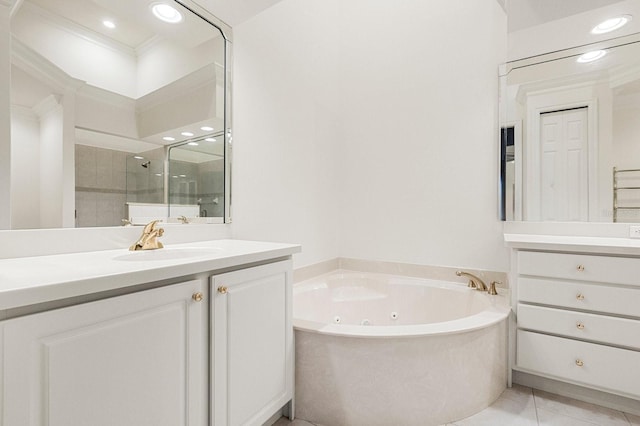 bathroom with vanity, plus walk in shower, and tile patterned flooring