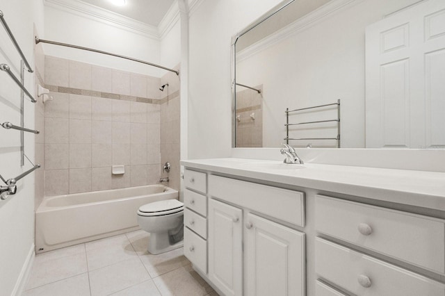 full bathroom with tiled shower / bath, tile patterned flooring, vanity, toilet, and crown molding