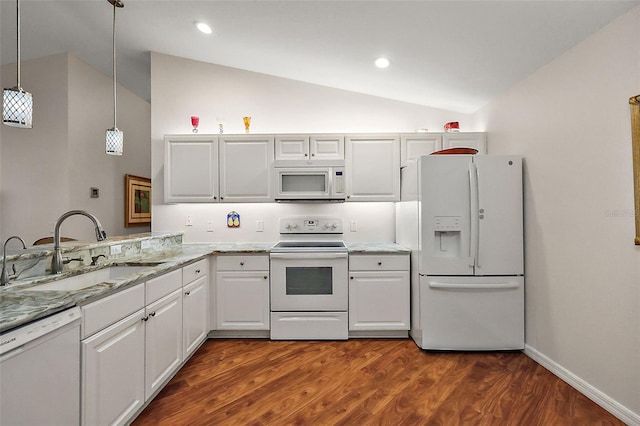 kitchen featuring sink, white appliances, white cabinets, and vaulted ceiling