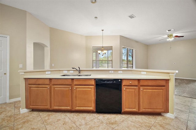 kitchen featuring sink, decorative light fixtures, dishwasher, light tile patterned flooring, and ceiling fan with notable chandelier