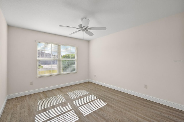 unfurnished room with ceiling fan and light hardwood / wood-style flooring