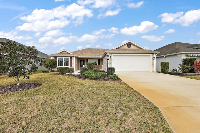 ranch-style home with a garage and a front yard