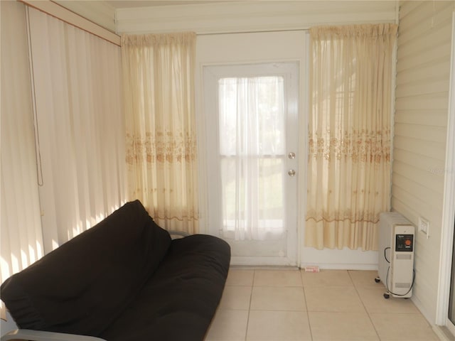 tiled living room with heating unit