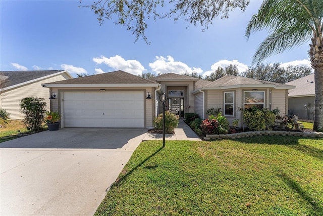 ranch-style home featuring a garage, a front yard, and concrete driveway