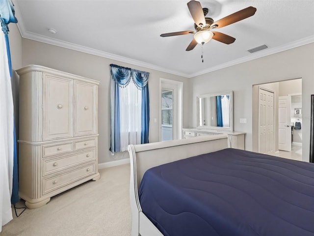 bedroom featuring ceiling fan, light colored carpet, and ornamental molding