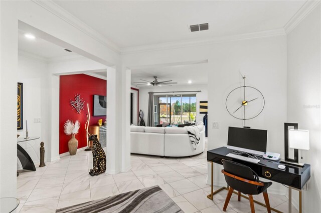 living room with ceiling fan and ornamental molding