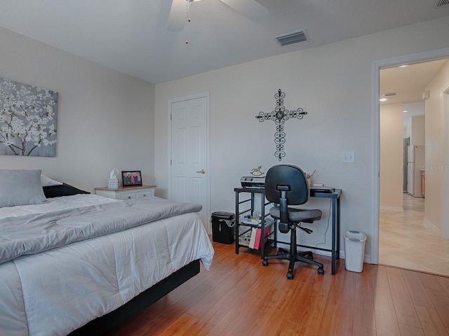 bedroom featuring ceiling fan and light wood-type flooring