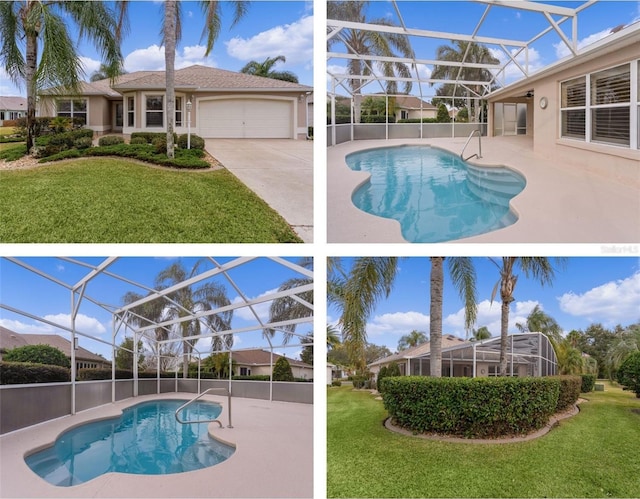 view of swimming pool featuring glass enclosure and a lawn