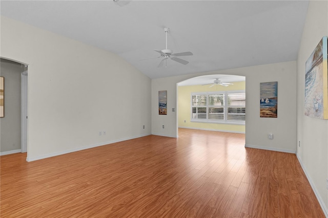 unfurnished living room with lofted ceiling, light hardwood / wood-style flooring, and ceiling fan