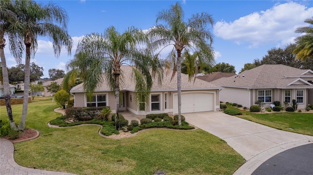 ranch-style home featuring a garage and a front yard