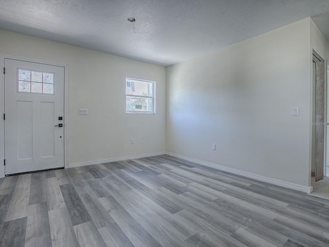 entryway featuring a healthy amount of sunlight, light wood-type flooring, and a textured ceiling