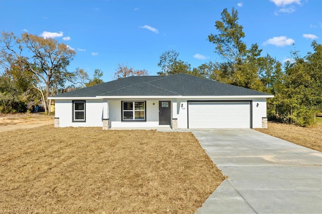 ranch-style house with a front yard, a garage, and a porch