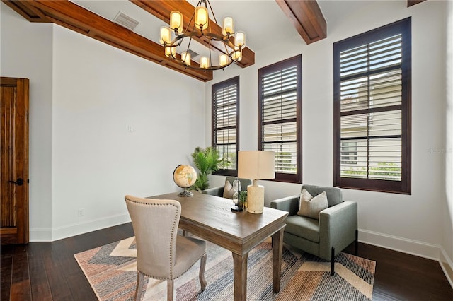 office with dark hardwood / wood-style flooring, a notable chandelier, and beam ceiling