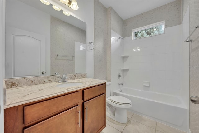 full bathroom featuring toilet, tile patterned floors, shower / tub combination, and vanity