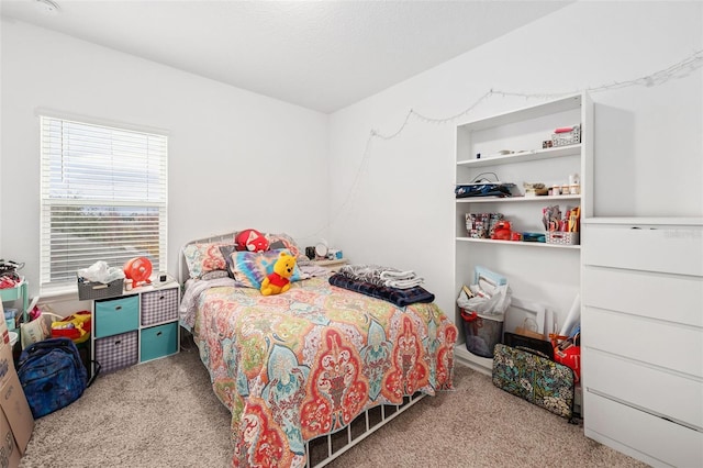 bedroom with light colored carpet