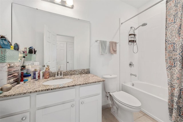 full bathroom with vanity, tile patterned flooring, toilet, and shower / tub combo with curtain