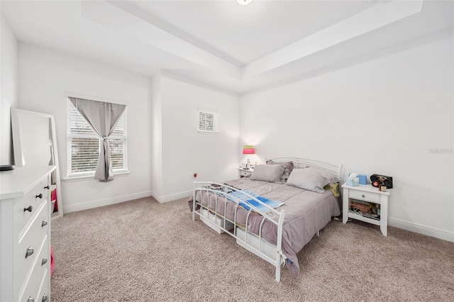 carpeted bedroom featuring a tray ceiling