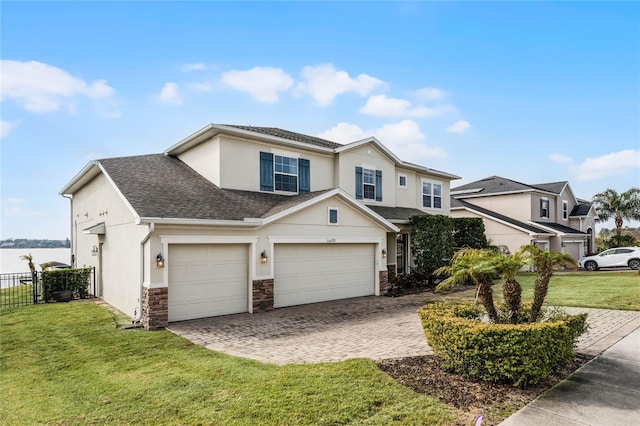 front of property featuring a garage, a front lawn, and a water view