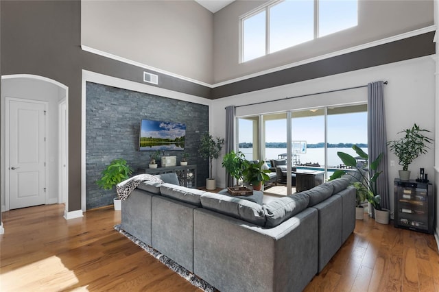 living room featuring hardwood / wood-style floors and a high ceiling