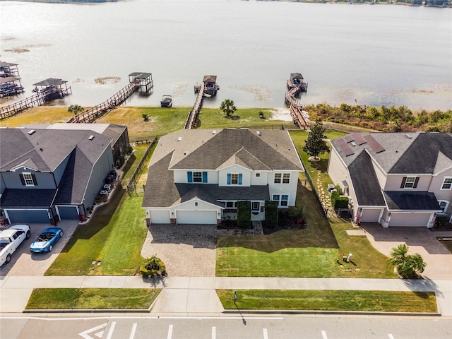 aerial view featuring a water view