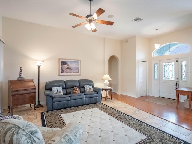 living room with ceiling fan