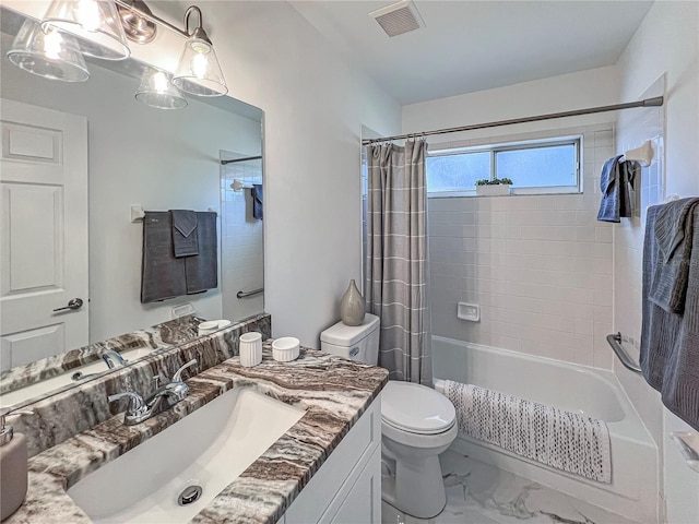 full bathroom with toilet, shower / bathtub combination with curtain, and vanity