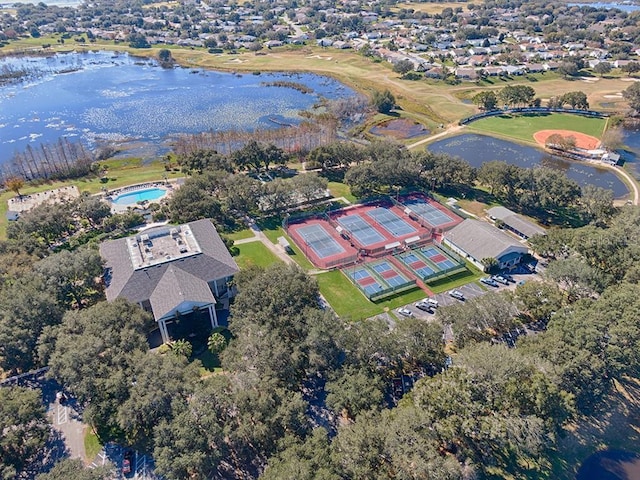 birds eye view of property featuring a water view