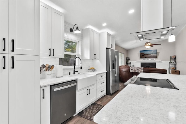 kitchen with a fireplace, white cabinets, appliances with stainless steel finishes, and sink