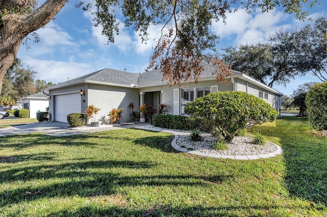 ranch-style house with a garage and a front lawn