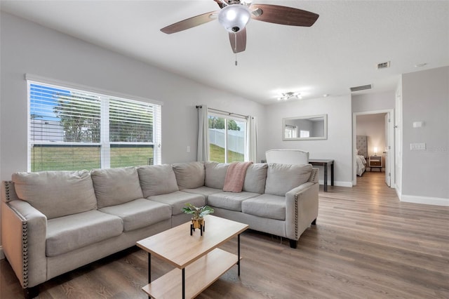 living room with ceiling fan and hardwood / wood-style floors