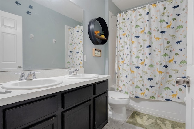 full bathroom with tile patterned floors, toilet, vanity, and shower / tub combo with curtain