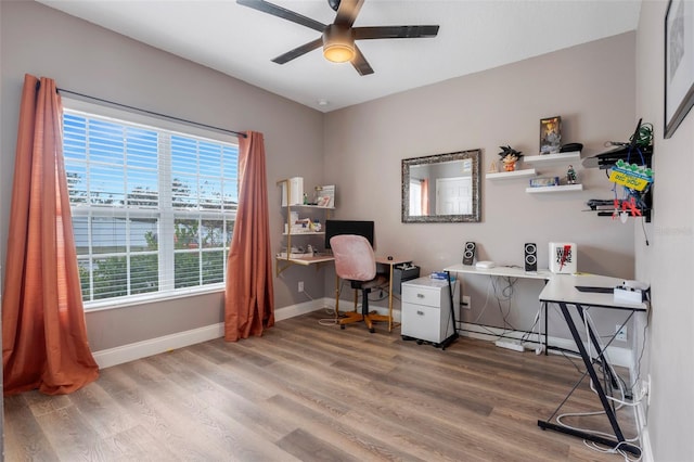 office space featuring ceiling fan, wood-type flooring, and plenty of natural light