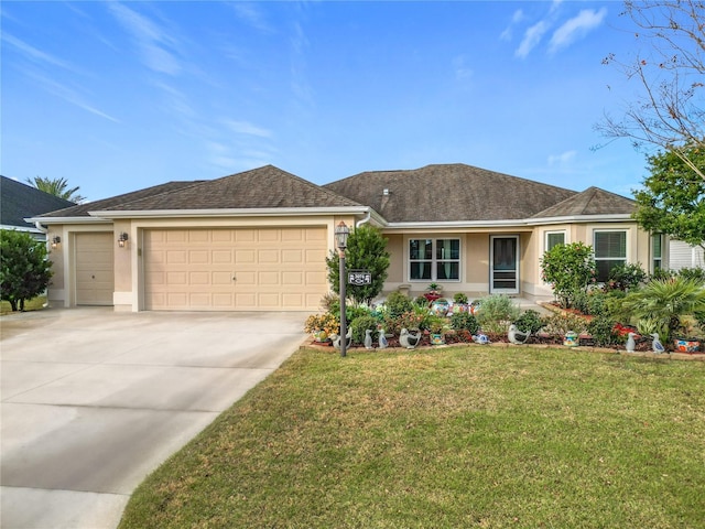 ranch-style home with a front lawn and a garage