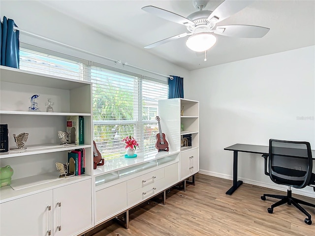 home office featuring ceiling fan and light hardwood / wood-style flooring