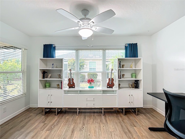 office with ceiling fan, plenty of natural light, and light hardwood / wood-style floors