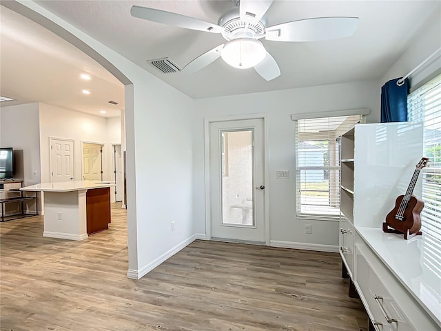 mudroom with ceiling fan and light wood-type flooring