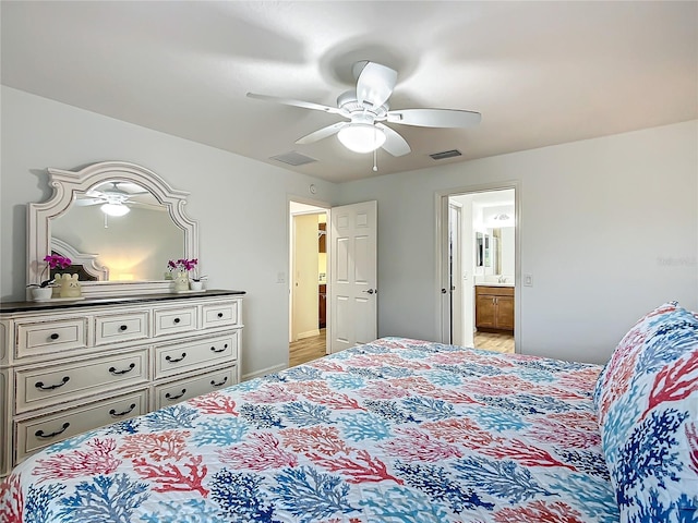 bedroom featuring ceiling fan and ensuite bath