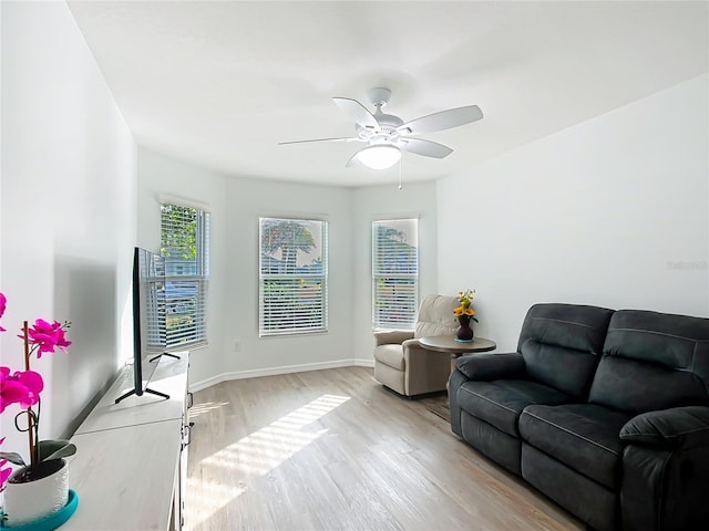 living room featuring ceiling fan and light wood-type flooring