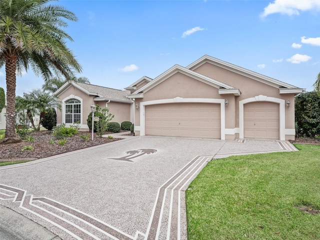 ranch-style home with a garage and a front lawn