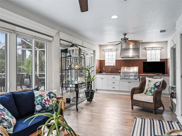 interior space with tasteful backsplash, a healthy amount of sunlight, light hardwood / wood-style floors, and white cabinets