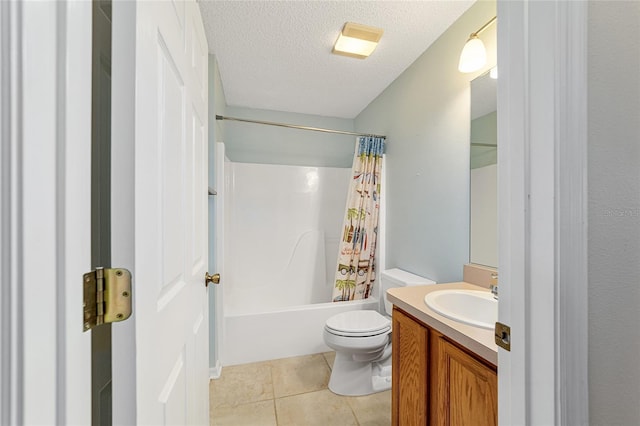 full bathroom with toilet, shower / tub combo, a textured ceiling, vanity, and tile patterned flooring