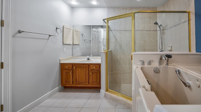 bathroom featuring vanity, tile patterned floors, and shower with separate bathtub