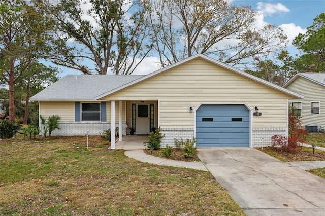 single story home featuring a garage, a front yard, and central AC unit