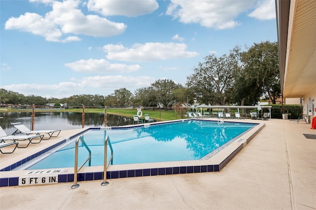 view of pool featuring a water view and a patio area