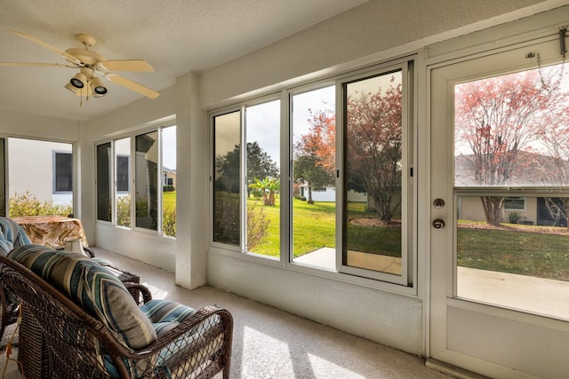 sunroom featuring ceiling fan and a healthy amount of sunlight