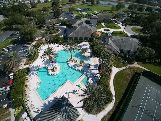 drone / aerial view of a pool area