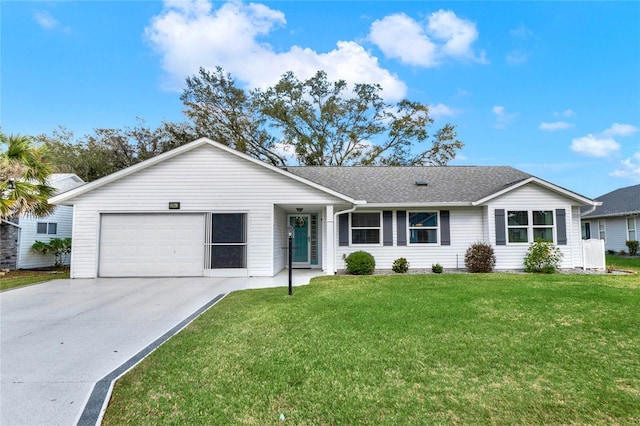 single story home featuring a garage and a front lawn